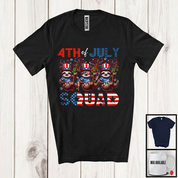 MacnyStore - 4th Of July Squad, Proud American Flag Three Fireworks Sloths, Wild Animal Patriotic Group T-Shirt