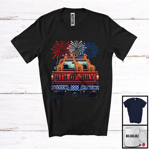 MacnyStore - 4th Of July, Adorable Independence Day Three Giraffe On Truck Fireworks, Patriotic Group T-Shirt