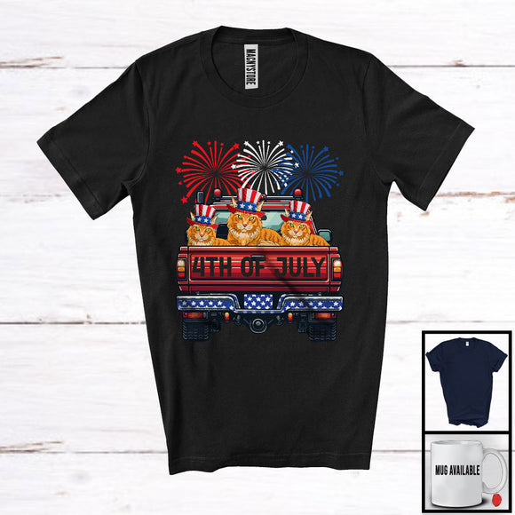 MacnyStore - 4th Of July, Adorable Independence Day Three Maine Coon Cat On Truck Fireworks, Patriotic T-Shirt