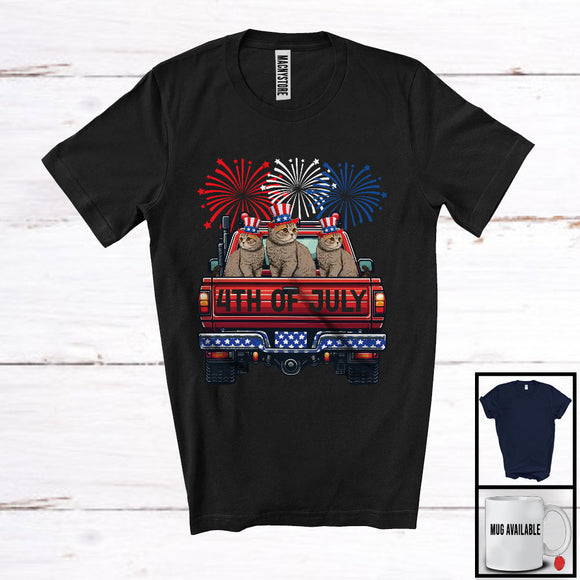 MacnyStore - 4th Of July, Adorable Independence Day Three Scottish Fold cat On Truck Fireworks, Patriotic T-Shirt