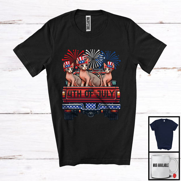 MacnyStore - 4th Of July, Adorable Independence Day Three Sphynx Cat On Truck Fireworks, Patriotic Group T-Shirt