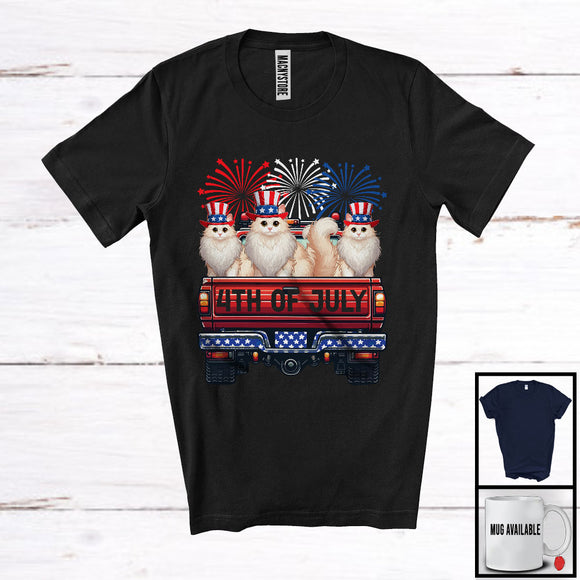 MacnyStore - 4th Of July, Adorable Independence Day Three Turkish Angora cat On Truck Fireworks, Patriotic T-Shirt