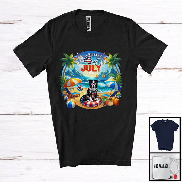 MacnyStore - 4th Of July, Adorable Summer Vacation Border Collie On Beach Lover, Patriotic Family Group T-Shirt