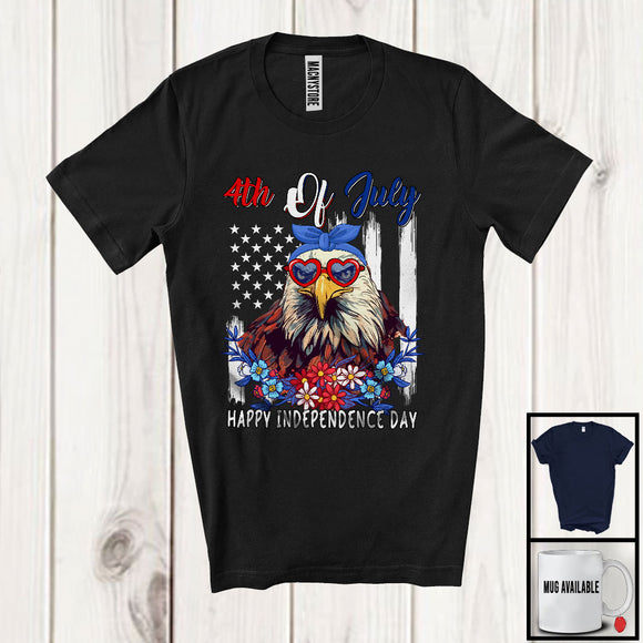 MacnyStore - 4th Of July, Happy Independence Day American Flag Sunglasses Eagle Lover, Flowers Patriotic T-Shirt