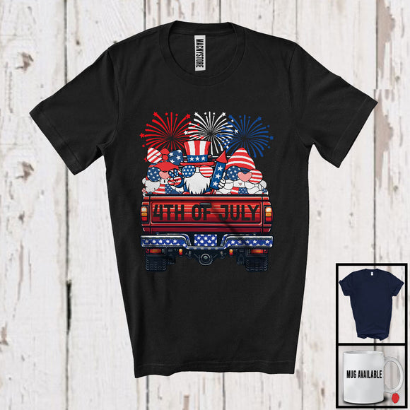 MacnyStore - 4th Of July, Lovely 4th Of July American Flag Gnomes On Truck, Fireworks Proud Patriotic T-Shirt