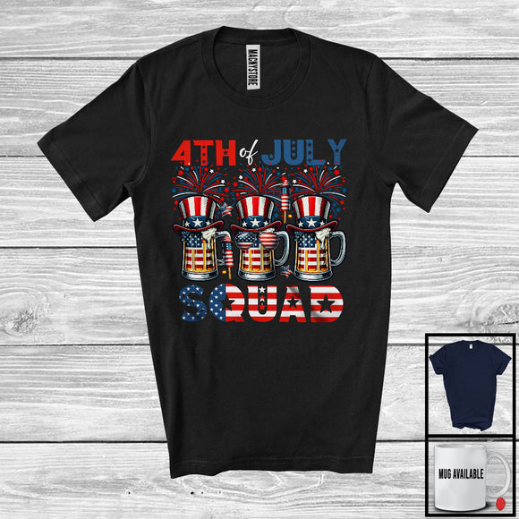 MacnyStore - 4th of July Squad, Proud American Flag Three Beer Glasses, Firework Drinking Drunker Patriotic T-Shirt