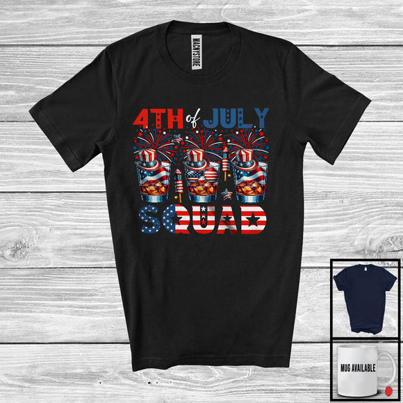 MacnyStore - 4th of July Squad, Proud American Flag Three Bourbon Glasses, Firework Drinking Drunker Patriotic T-Shirt