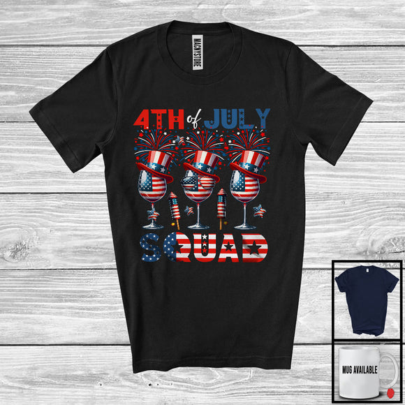 MacnyStore - 4th of July Squad, Proud American Flag Three Wine Glasses, Firework Drinking Drunker Patriotic T-Shirt