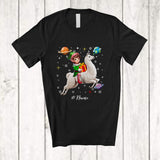 MacnyStore - Personalized Custom Name Elf Riding Llama; Awesome Christmas Elf In Space Galaxy T-Shirt