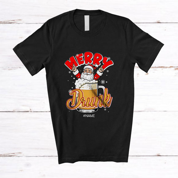 MacnyStore - Personalized Custom Name Merry Drunk; Amusing Christmas Santa In Beer Glass; Drinking T-Shirt