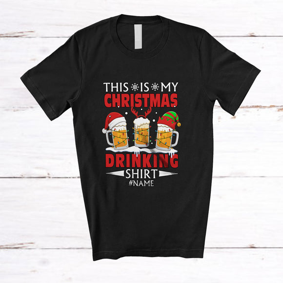 MacnyStore - Personalized Custom Name My Christmas Drinking Shirt; Cheerful Three Elf Santa Beer Glasses; Drunker T-Shirt