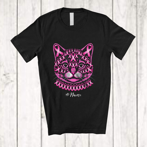 MacnyStore - Personalized Custom Name Pink Ribbon Cat Face; Lovely Breast Cancer Awareness Cat Owner T-Shirt