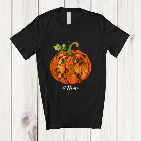 MacnyStore - Personalized Custom Name Fall Bulldog Pumpkin; Happy Thanksgiving Halloween Family T-Shirt