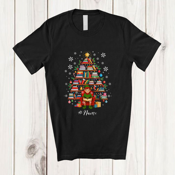 MacnyStore - Personalized Custom Name Book Christmas Tree; Adorable Elf Reading Book; Librarian Teacher T-Shirt