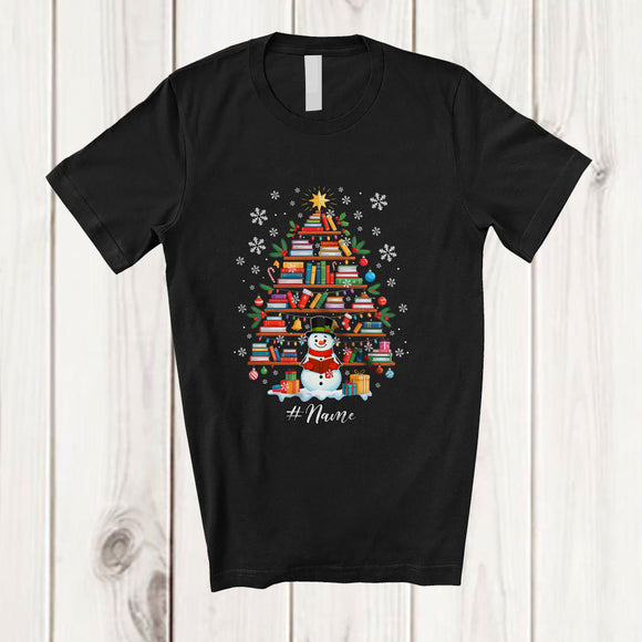 MacnyStore - Personalized Custom Name Book Christmas Tree; Adorable Snowman Reading Book; Librarian Teacher T-Shirt