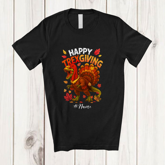 MacnyStore - Personalized Custom Name Happy TRexGiving; Humorous Thanksgiving T-Rex Dinosaur Turkey T-Shirt