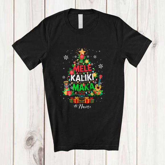 MacnyStore - Personalized Custom Name Mele Kalikimaka; Merry Christmas Lights Tree Hawaiian Hawaii; Family T-Shirt