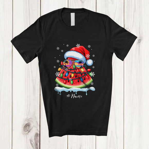 MacnyStore - Personalized Custom Name Santa Watermelon Sunglasses; Joyful Christmas Lights Family Group T-Shirt