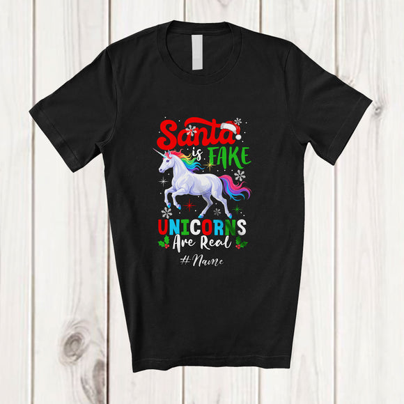 MacnyStore - Personalized Custom Name Santa Is Fake Unicorns Are Real; Humorous Christmas Magical Unicorn T-Shirt