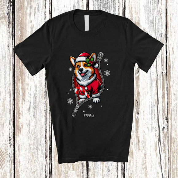 MacnyStore - Personalized Custom Name Corgi Santa Going Out Zipper; Lovely Christmas Pajama Family T-Shirt