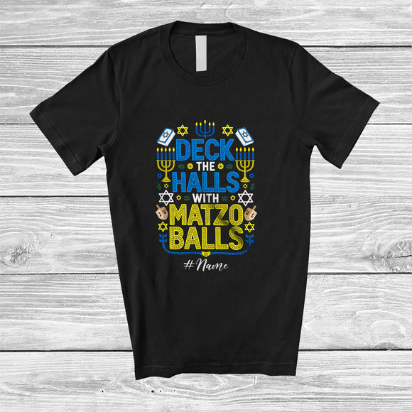 MacnyStore - Personalized Custom Name Deck The Halls With Matzo Balls; Amazing Hanukkah Lights Family T-Shirt
