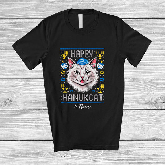 MacnyStore - Personalized Custom Name Happy Hanukcat; Humorous Hanukkah Sweater Cat Face Lover T-Shirt