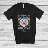 MacnyStore - Personalized Custom Name Happy Hanukcat; Humorous Hanukkah Sweater Cat Face Lover T-Shirt