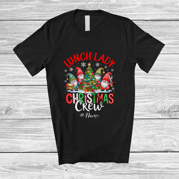 MacnyStore - Personalized Custom Name Lunch Lady Christmas Crew; Adorable Gnomes Squad With X-mas Tree T-Shirt