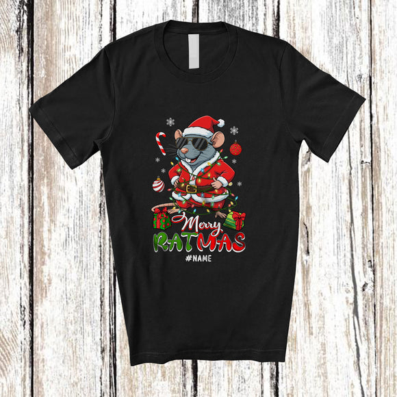 MacnyStore - Personalized Custom Name Merry Ratmas; Fantastic Christmas Santa Rat Lover X-mas Lights T-Shirt