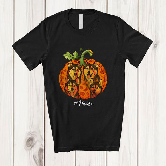 MacnyStore - Personalized Custom Name Fall Husky Pumpkin; Happy Thanksgiving Halloween Family T-Shirt
