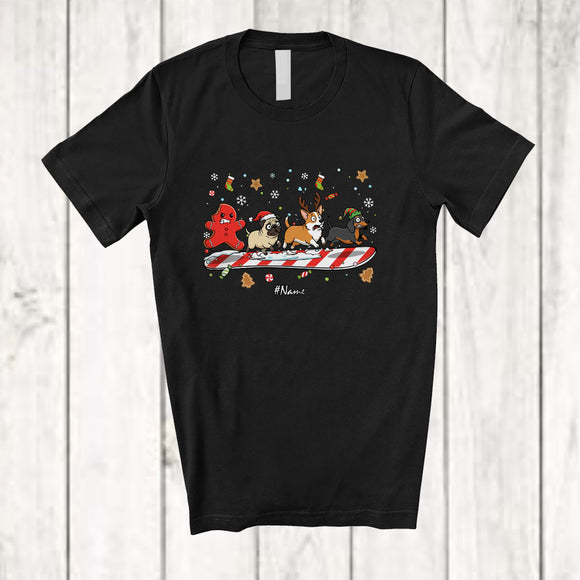MacnyStore - Personalized Custom Name Candy Canes Sleigh Gingerbread Pug Corgi Dachshund; Joyful Christmas Animal Family T-Shirt