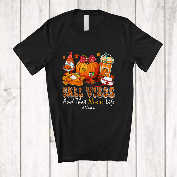 MacnyStore - Personalized Custom Name Fall And Nurse; Happy Thanksgiving Leopard Doctor's Headphones Pumpkin T-Shirt