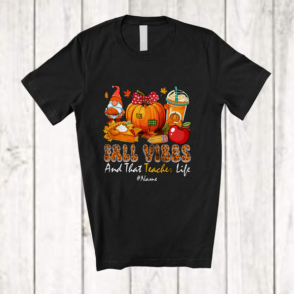 MacnyStore - Personalized Custom Name Fall And That Teacher; Happy Thanksgiving Leopard Pencil Pumpkin T-Shirt