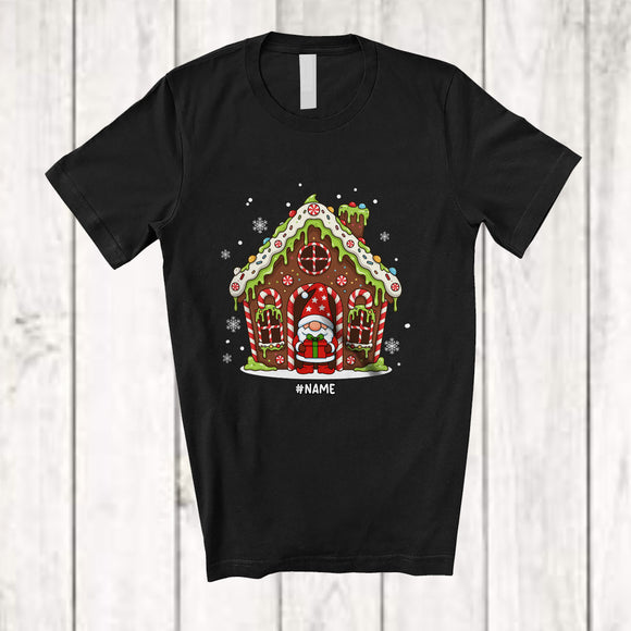 MacnyStore - Personalized Custom Name Gingerbread House With Gnome; Merry Christmas Candy Canes Baker T-Shirt
