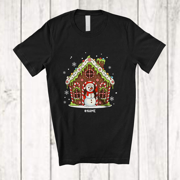 MacnyStore - Personalized Custom Name Gingerbread House With Snowman; Merry Christmas Candy Canes Baker T-Shirt