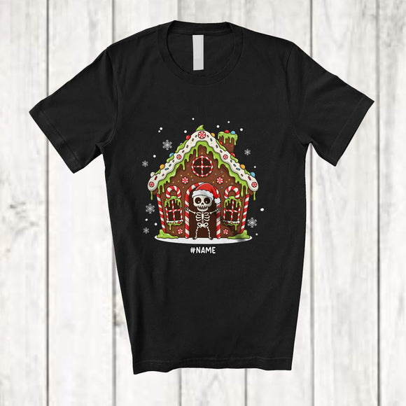 MacnyStore - Personalized Custom Name Gingerbread House With Skeleton; Merry Christmas Candy Canes Baker T-Shirt