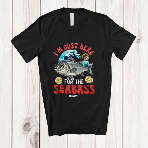 MacnyStore - Personalized Custom Name Just Here For The Seabass; Humorous Seafood Boil Party Fishing Food T-Shirt