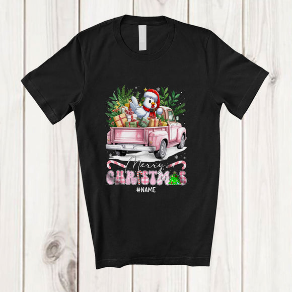 MacnyStore - Personalized Custom Name Merry Christmas; Joyful Plaid Chicken On Pink Pickup Truck; Farmer T-Shirt