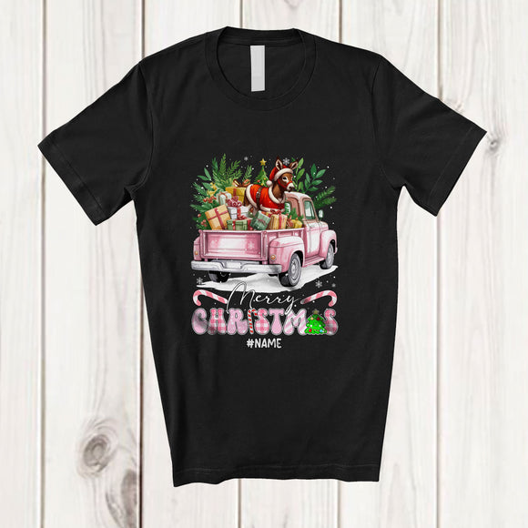 MacnyStore - Personalized Custom Name Merry Christmas; Joyful Plaid Donkey On Pink Pickup Truck; Farmer T-Shirt