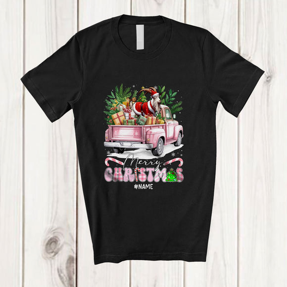 MacnyStore - Personalized Custom Name Merry Christmas; Joyful Plaid Goat On Pink Pickup Truck; Farmer T-Shirt