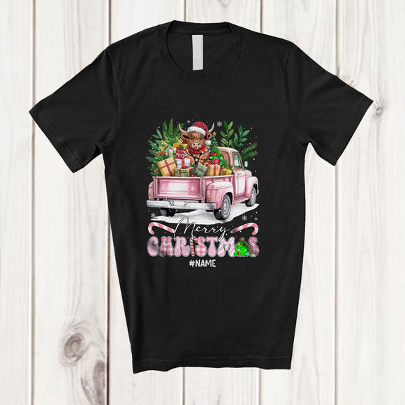 MacnyStore - Personalized Custom Name Merry Christmas; Joyful Plaid Highland Cow On Pink Pickup Truck; Farmer T-Shirt
