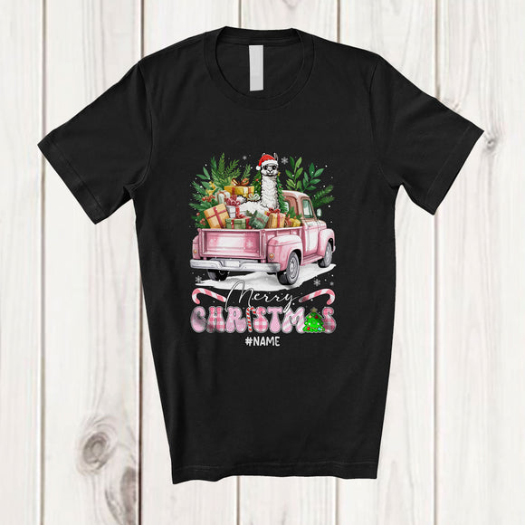MacnyStore - Personalized Custom Name Merry Christmas; Joyful Plaid Llama On Pink Pickup Truck; Farmer T-Shirt