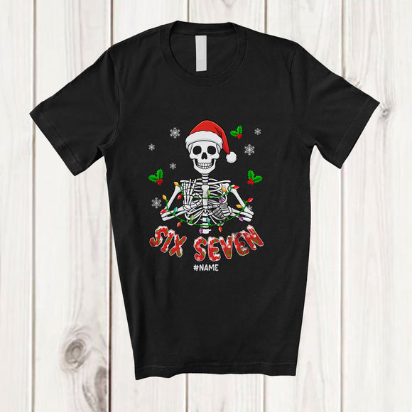MacnyStore - Personalized Custom Name Six Seven; Humorous Christmas Lights Santa Skeleton Teenager; Family T-Shirt
