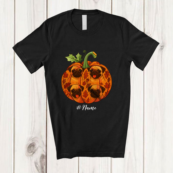 MacnyStore - Personalized Custom Name Fall Pug Pumpkin; Happy Thanksgiving Halloween Family T-Shirt