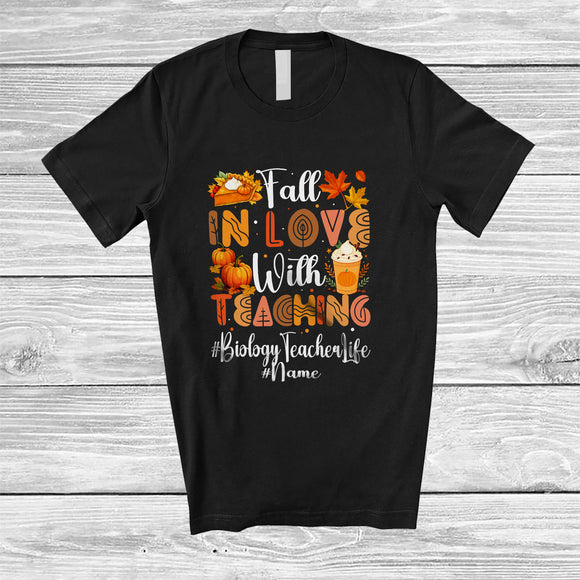 MacnyStore - Personalized Custom Name Biology Teacher In Love With Teaching; Happy Thanksgiving Fall Pumpkin T-Shirt