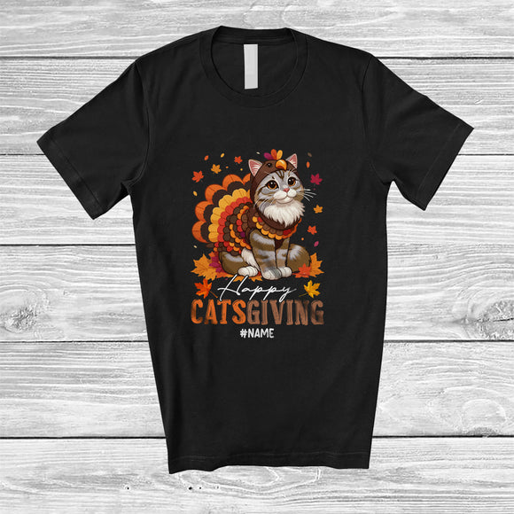 MacnyStore - Personalized Custom Name Happy Catsgiving; Adorable Thanksgiving Fall Leaves Cat Turkey T-Shirt