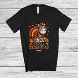 MacnyStore - Personalized Custom Name Happy Catsgiving; Adorable Thanksgiving Fall Leaves Cat Turkey T-Shirt
