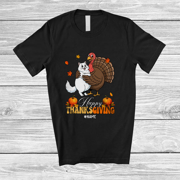 MacnyStore - Personalized Custom Name Happy Thanksgiving; Lovely Cat Hugs Turkey Fall; Friends T-Shirt
