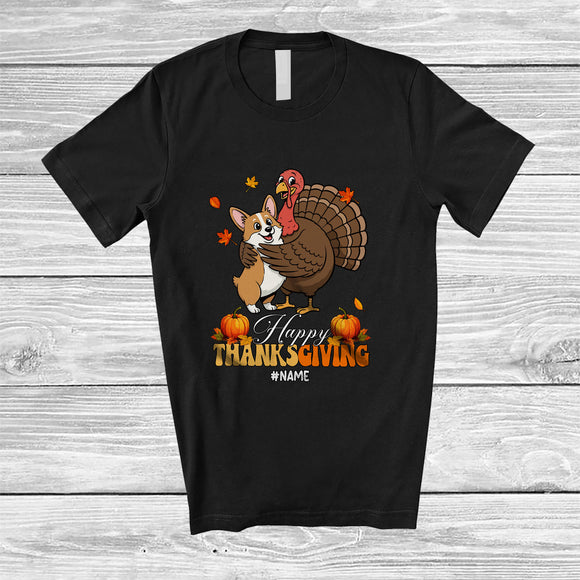 MacnyStore - Personalized Custom Name Happy Thanksgiving; Lovely Corgi Hugs Turkey Fall; Friends T-Shirt