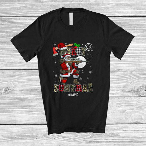 MacnyStore - Personalized Custom Name Merry Huntmas; Joyful Christmas Plaid Leopard Santa Hunting Hunter T-Shirt